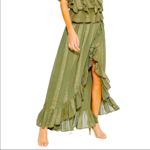 Misa Los Angeles Dresses & Skirts - Misa LA Sedona Green Metallic Striped High Low Ruffle High Slit Maxi Skirt Small